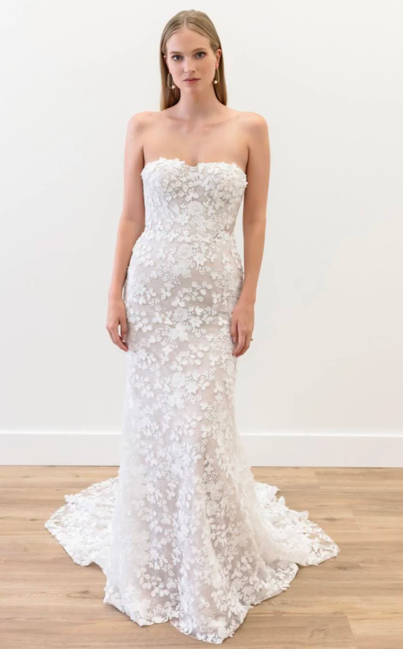 Watters Strapless Floral Lace Maxi Dress in White